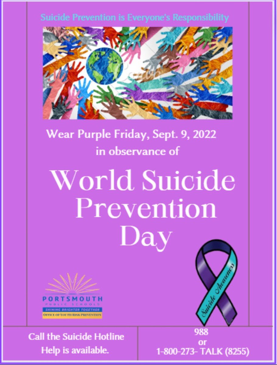 VictoryElemPPS's tweet photo. September is Suicide Prevention Awareness Month, wear purple on Friday, September 9th! #PPSPurpleUP #YRPShines22 #PPSShines @lizafly3 @PortsVASchools https://t.co/pwq3AB8ChC