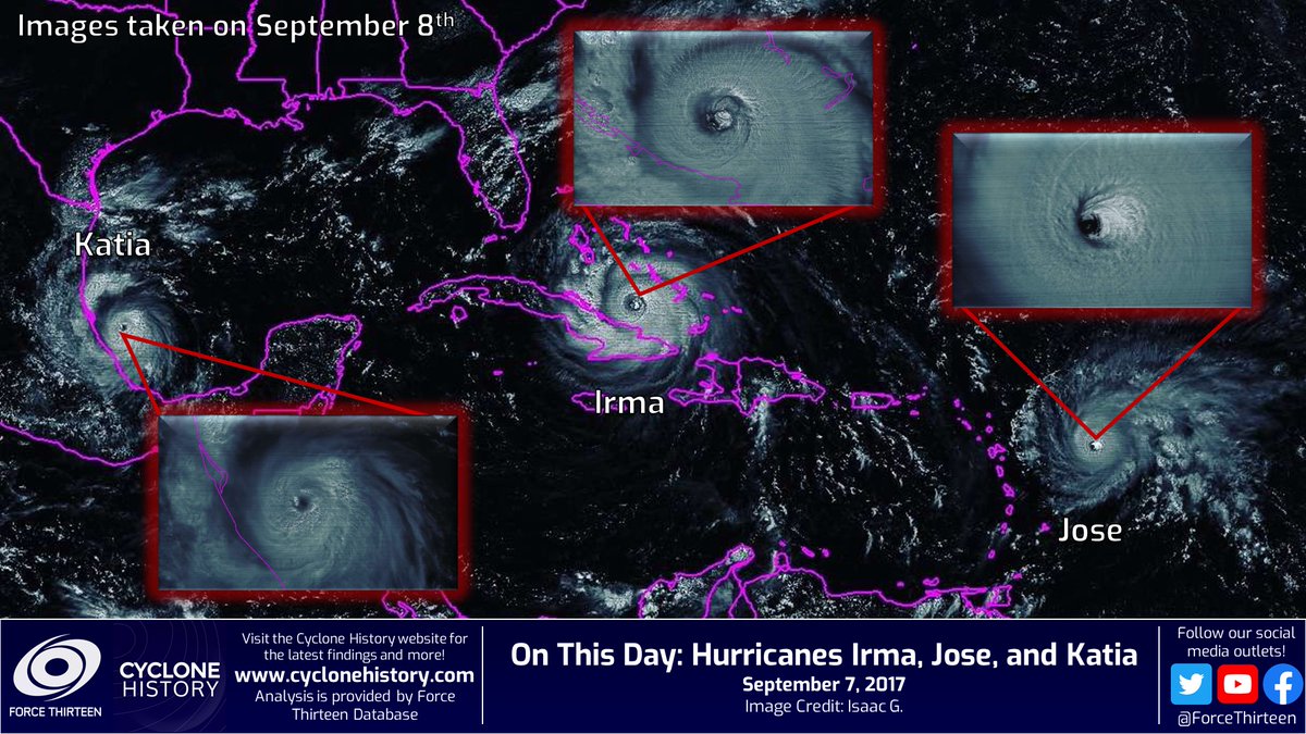 #OTD 5 years ago, the historic 2017 Atlantic #hurricane season reached its zenith as #HurricaneIRMA, #HurricaneJOSE, and #HurricaneKATIA were patrolling the basin.

#Irma laid at the center of it all as it became one of the strongest Atlantic hurricanes on record.