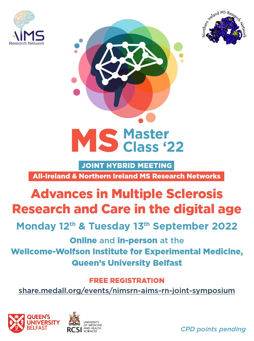 Join us on 12-13th Sep for the "MS Masterclass '22: Advances in MS Research and Care in the digital age". Attend this free event online or in-person at <a href="/WWIEM_QUB/">Wellcome-Wolfson Institute Experimental Medicine</a> to hear from our exciting line up incl: <a href="/KlausSchmierer/">Klaus Schmierer🎗️🇺🇦</a> <a href="/melindamagyari/">Melinda Magyari</a>  @AnneDesmazieres <a href="/MSBase_Registry/">MSBase Registry</a>