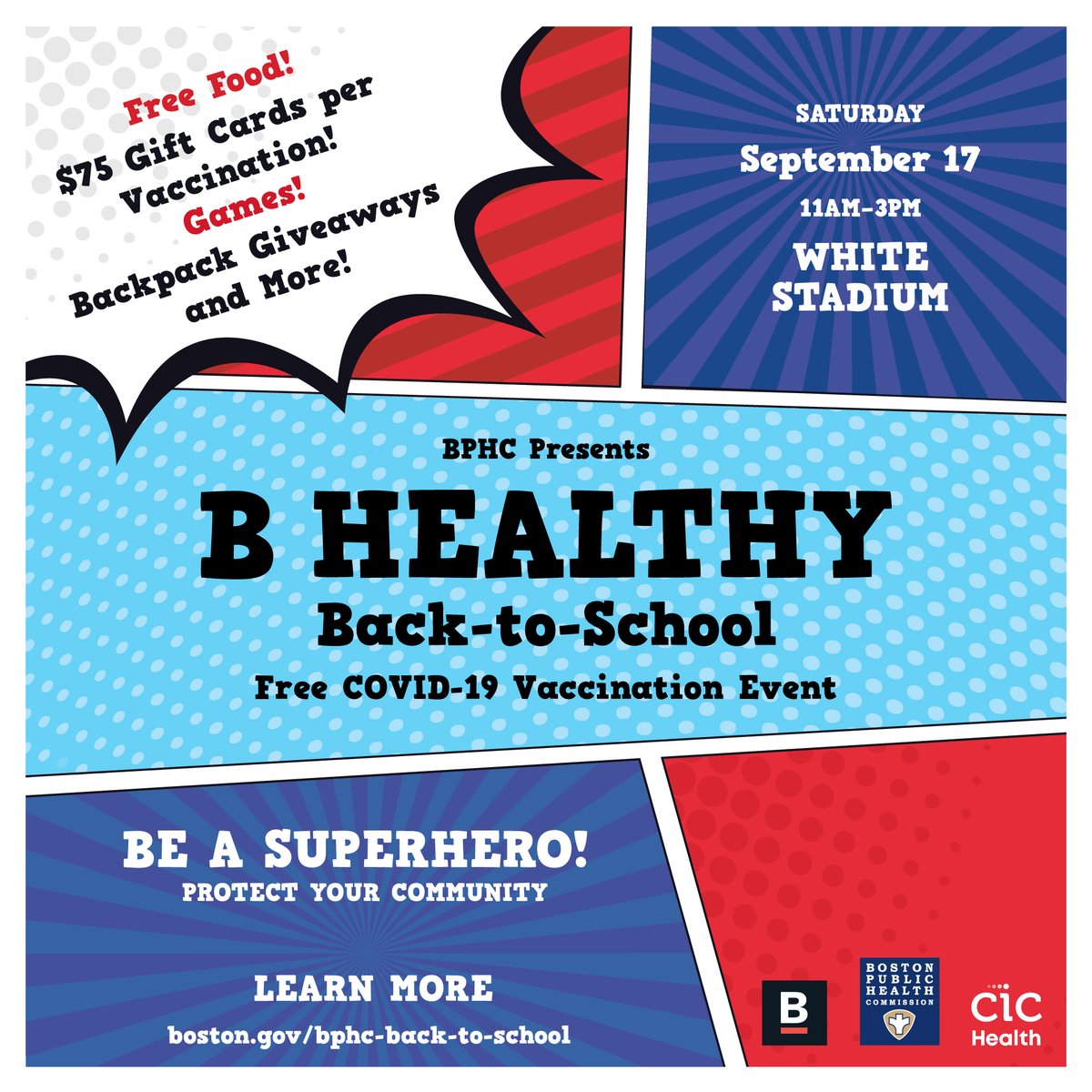 If you like free food, games, and giveaways, then do we have event for you this weekend! Come down to White Stadium in Franklin Park this Saturday for the B Healthy Back-to-School COVID-19 vaccination clinic. Vaccines available for everyone ages 6-months and older.