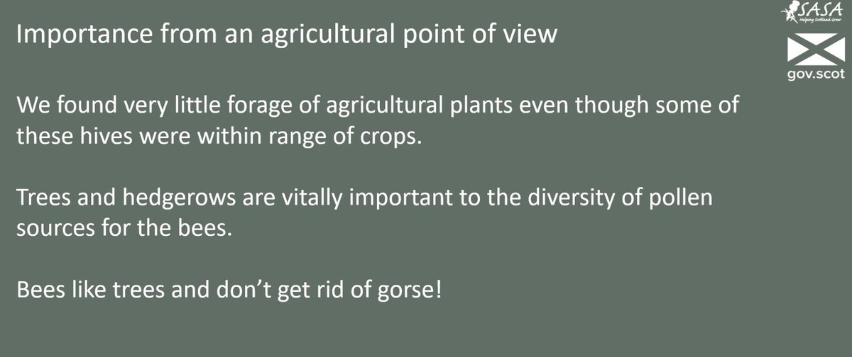 AABiologists's tweet photo. Alex Reid @ScotGovSASA discussing a π΄σ §σ ’σ ³σ £σ ΄σ Ώ study on π foraging behaviour collected from amateur hives from Dumfries to the Orkneys, a 400mile range...
Take home -> Little agricultural forage, trees and hedgerows important, don't get rid of gorse! #Pollinators22 @fiona_bugsnbees https://t.co/L0jjuFxQQ0