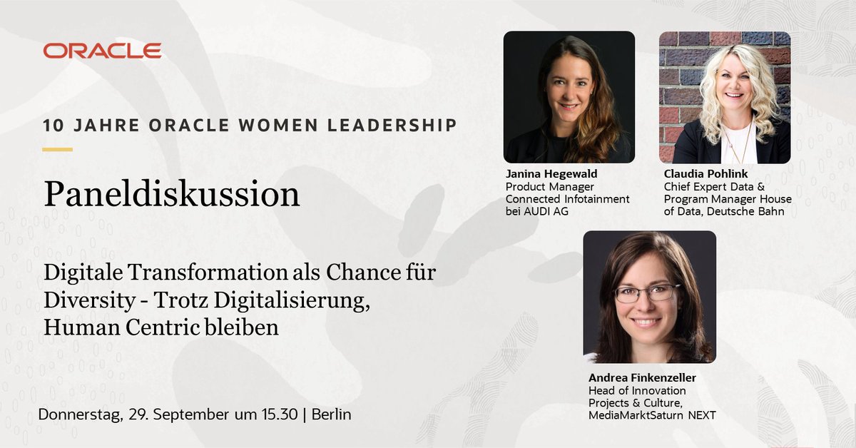 🔟 Jahre Oracle Women's Leadership! #owlde Event zum Thema "#Vielfalt und die Kunst, unabhängig voneinander gemeinsam zu denken" 📆29. Sep bei <a href="/Oracle_DE/">Oracle Deutschland</a>  in Berlin oder virtell. 
Jetzt anmelden: 👉 bit.ly/OWLEvent22
Ich freue mich auf Panel 2 mit tollen Gästen!
#diversity
