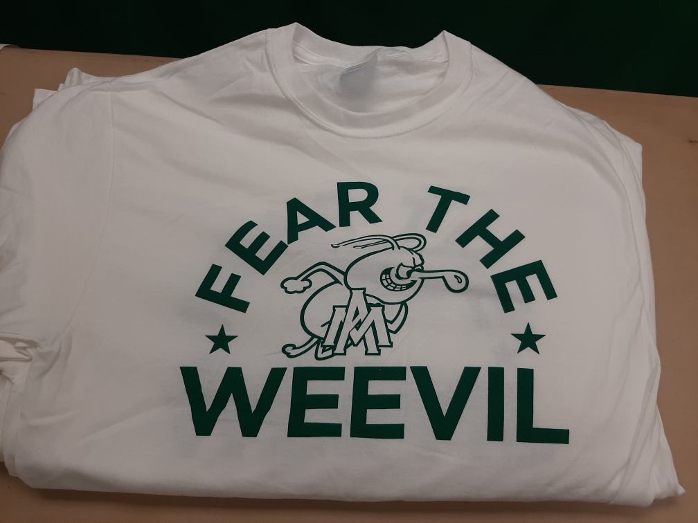 "Fear the Weevil" shirts for sale for our fundraiser🔥  
Sizes: Youth Small-Adult 2XL
Price: $15
Please DM or email wagnerj@uamont.edu to order yours today!