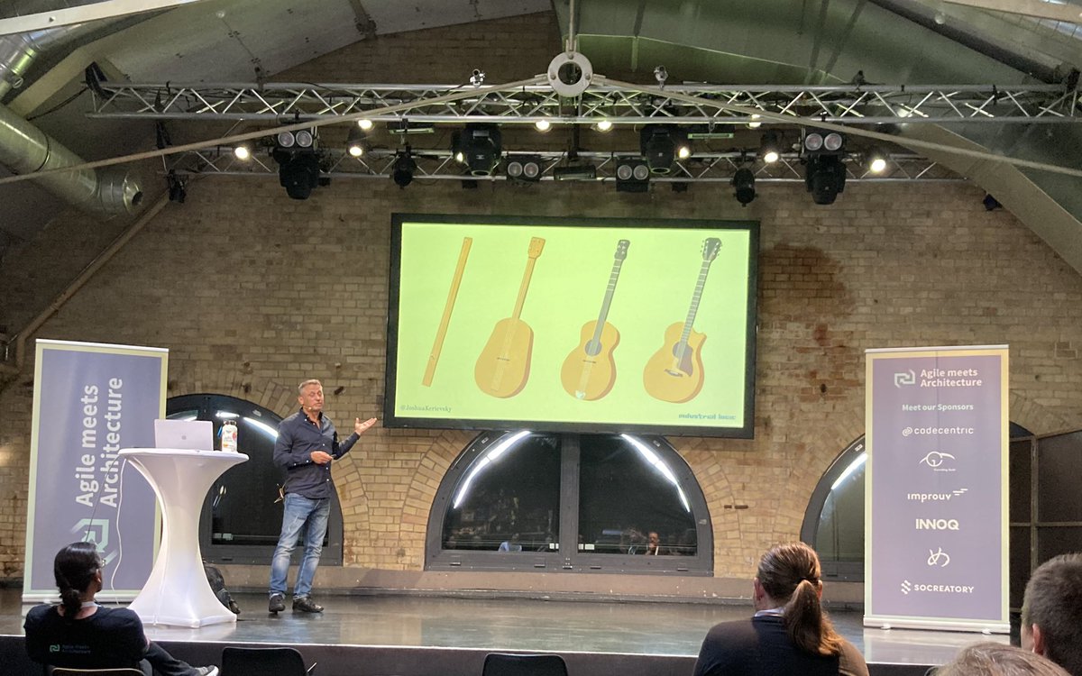 Great example for evolutionary design by @JoshuaKerievsky at the #amaberlin. (And -according to Joshua- there is even a person on the internet (Jack White) who starts building and playing guitars like the one on the left)