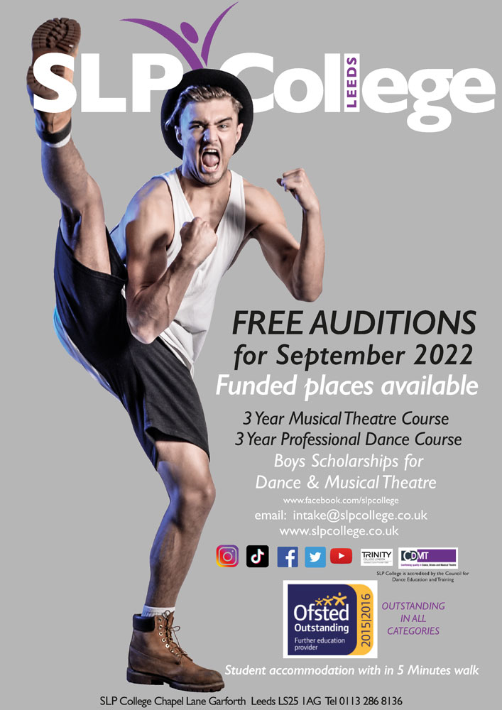 SLP College, FREE auditions for September 2022.  

Visit slpcollege.co.uk for more information.

*Advertisement*