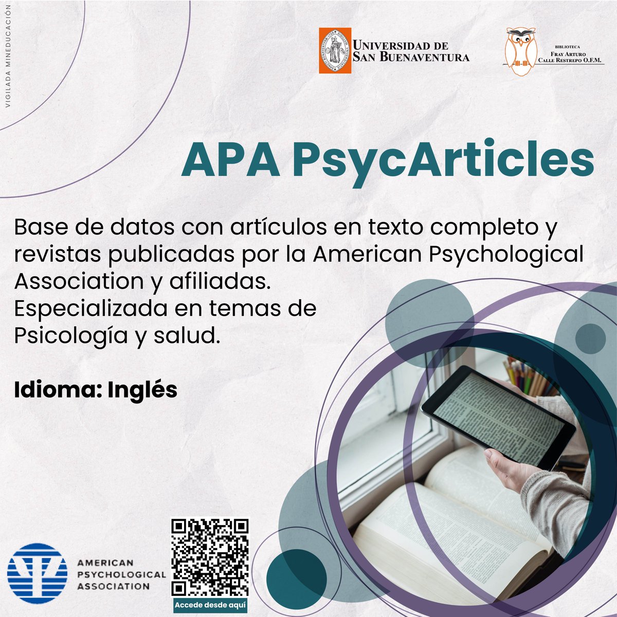 bibliousb's tweet image. ¿Interesado en temas de psicología y salud? 🧠🫂🩻🩺 Ingresa a la base de datos APA y busca en más de 5.653.359 registros, artículos de revistas, capítulos de libros entre otros 📚 Escanea el código y accede. Más bases de datos en 👉bit.ly/2N73KBf
#BasesDatos