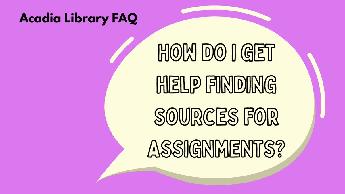acadialibrary's tweet photo. Today's Library FAQ: How do I get help finding sources for assignments?
Answer: Visit the Research Help Desk on the main floor of the library or email ref-desk@acadiau.ca to get help from a librarian.
#acadialibrary @AcadiaU @acadiastudents https://t.co/jwv9K1D1eN