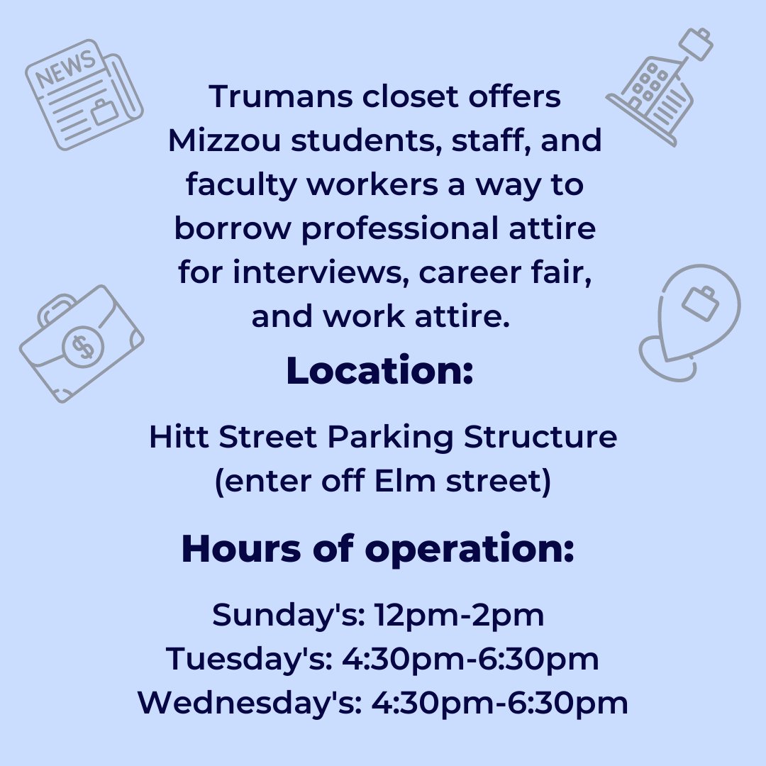 Happy Wednesday, TRiO! 
Are you in need of professional attire? Trumans closet offers Mizzou students, staff, and faculty workers a way to borrow professional attire for interviews, career fair, and work attire. For more information visit: tigerpantry.missouri.edu/trumanscloset.