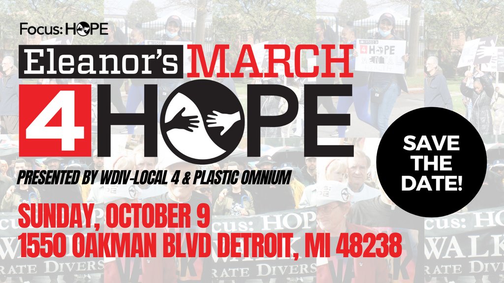 Focus_HOPE's tweet photo. Save the date! Our annual Eleanor's March 4 HOPE is coming Sunday, October 9. This year our advocacy highlight is Equitable Employment. March with us! https://t.co/sISDkLzGdK #IMarchFor #MetroDetroit #Community #M4H22 #FocusHOPE https://t.co/vESYoj3ovQ