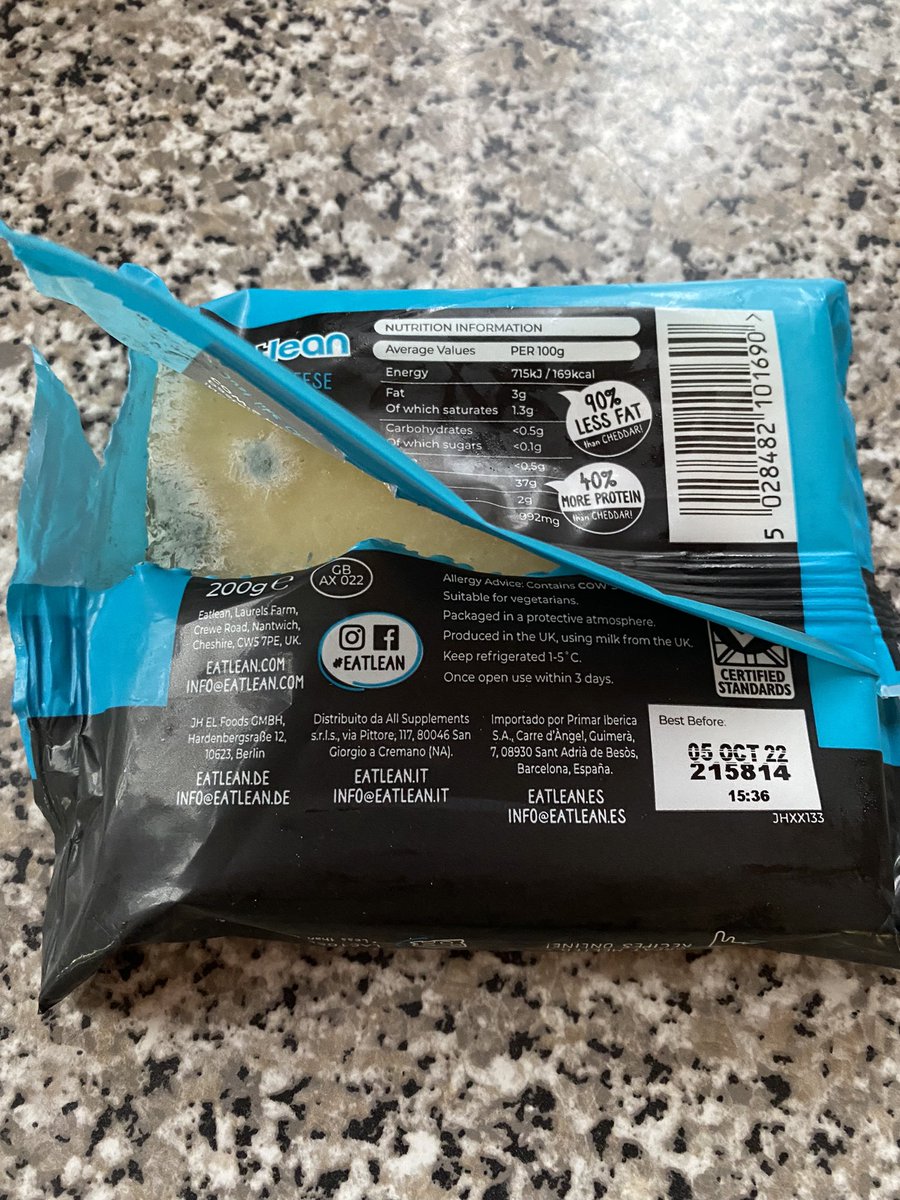 TheDemiStephens's tweet photo. @sainsburys @eatleancheese bought a block of eatlean cheese… only to open it for lunch and find it mouldy! receipt &amp; images attached. 
Help please. Wouldn’t usually bother complaining but £2.50 isn’t cheap and I’m hungry. https://t.co/WR3KdFGu07