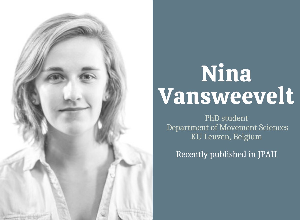 JPAHjournal's tweet photo. Meet Nina Vansweevelt, an #EarlyCareerResearcher who just published an open access review on PA during the retirement transition w/mentors @JanSeghers, @filip_boen &amp; Jannique van Uffelen from @KU_Leuven's Dept. of Movement Sciences.

👋@NVansweevelt 🇧🇪

➡️https://t.co/CY5G94rgc6 https://t.co/jb3lNwCHwQ