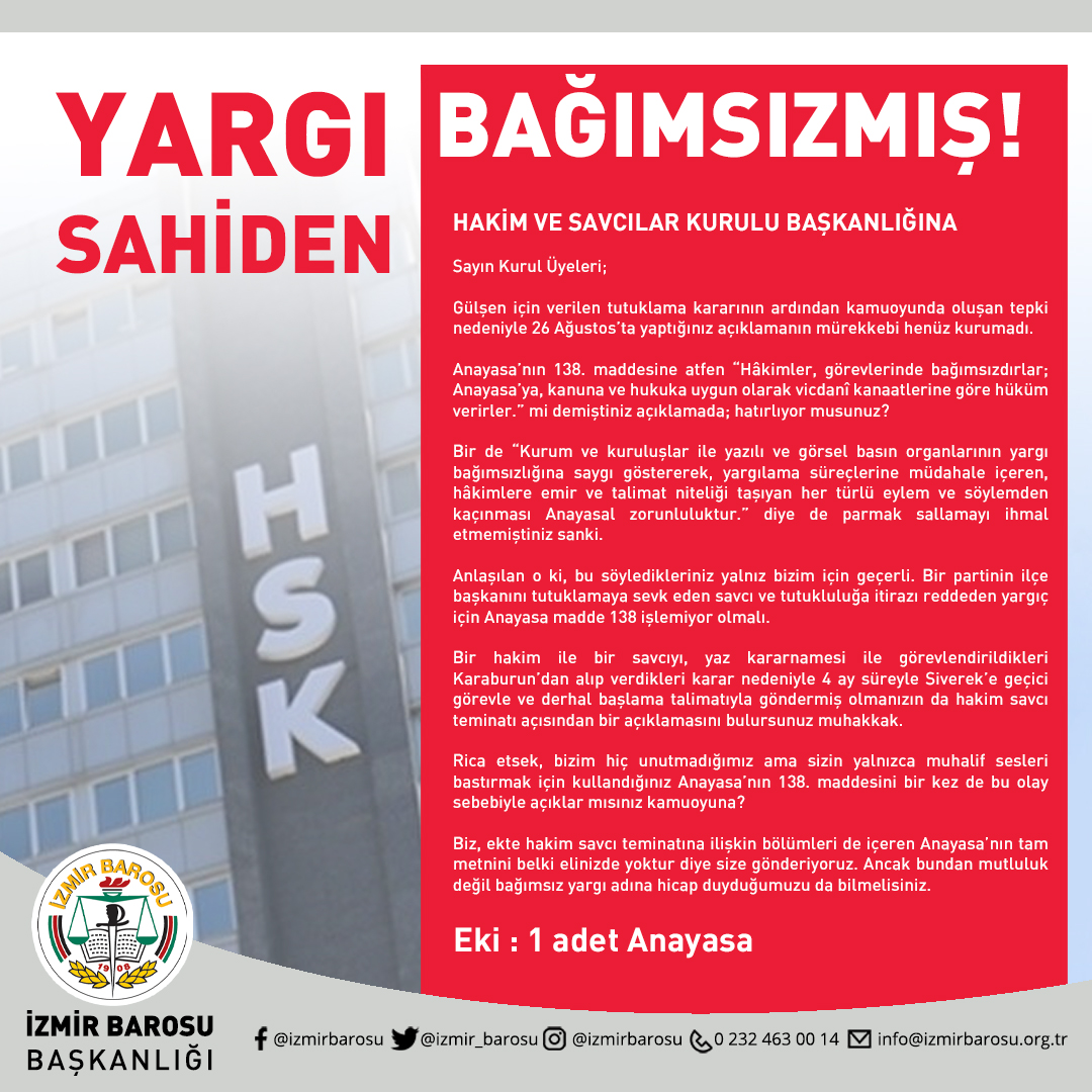 izmir_barosu's tweet photo. İzmir Barosu’ndan HSK’ya: 
YARGI SAHİDEN BAĞIMSIZMIŞ!

https://t.co/6yuvpMZSeA https://t.co/NXo9SWjrl3