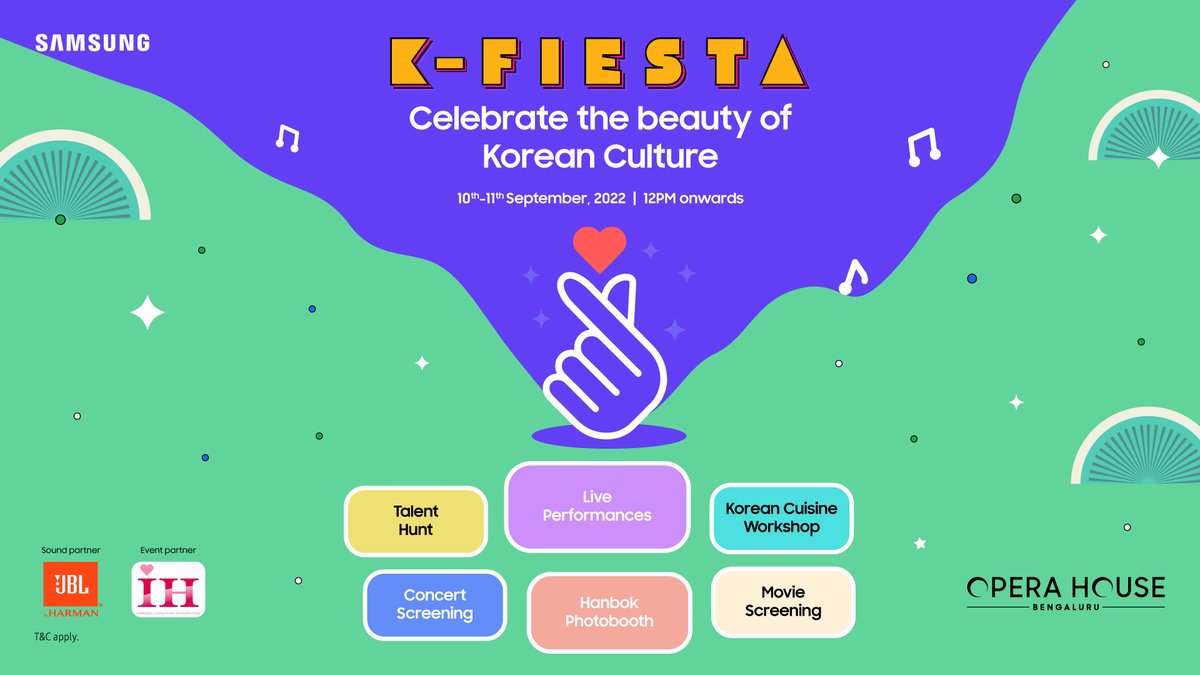 SamsungIndia's tweet photo. Are you ready for K-Fiesta? Come celebrate the 4th anniversary of the Samsung Opera House the Korean way on 10th and 11th September, 2022. From live performances to screenings to Korean food to a talent-hunt, there’s a little something for everyone! #Samsung https://t.co/jIx0RibWzn