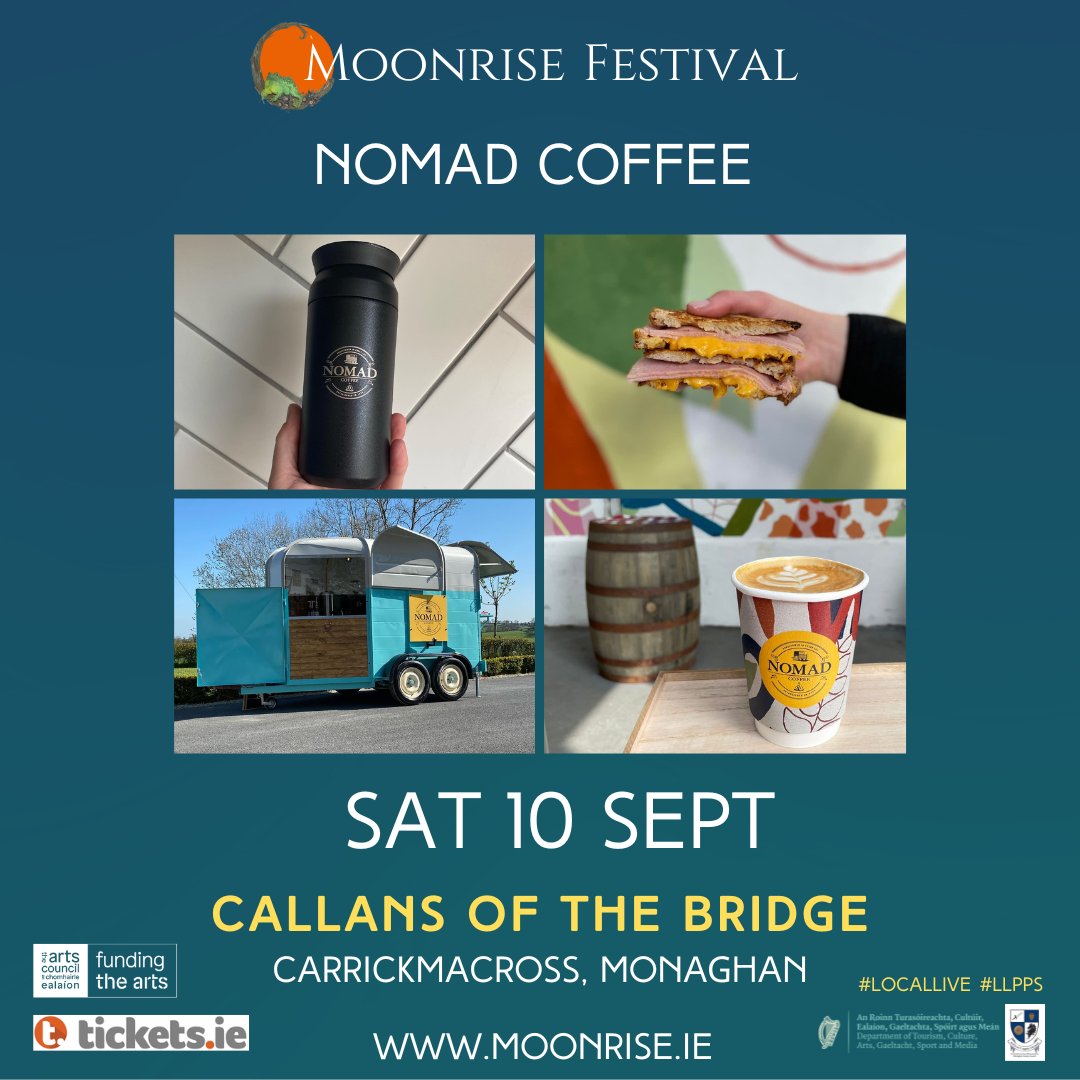 Get piping hot drinks and tasty treats this weekend from #NomadCoffee Gates 12pm. Tix 👉 bit.ly/3pksNS6 @artscouncil_ie @MonaghanCoCo @DeptCulturelRL #LocalLive #LLPPS #Festival #Mundy #HudsonTaylor #Kila #LisaMcHugh #Moxie #arts #artscouncilireland #monaghancoco