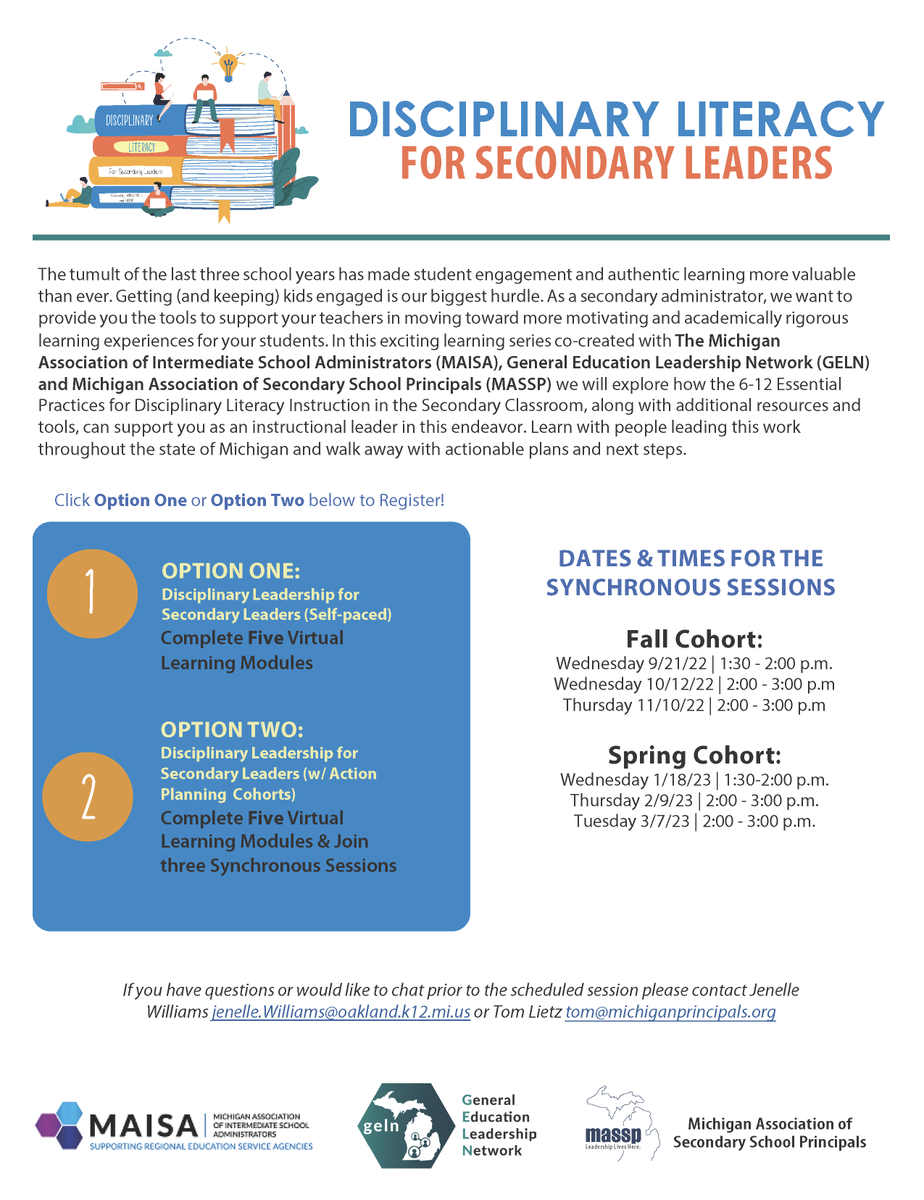 rcayce's tweet image. Join our online cohort for Disciplinary Literacy for Secondary Leaders with Action Plan starting 9/19! This self-paced course has 3 synchronous check-in sessions led by @PrincipalLietz  &amp;amp; @JenelleWilliam6 and earns up to 21 SCECHs.  Learn more at massp.com/literacy