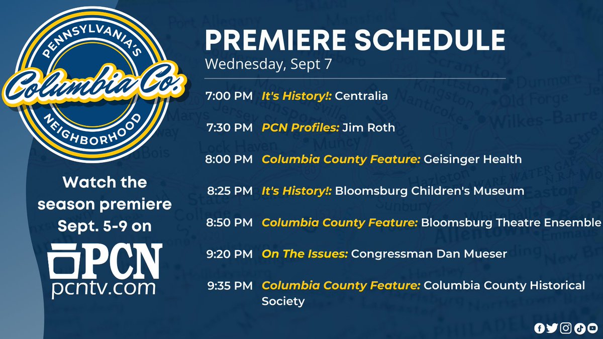 🗺️ Rediscover Columbia County tonight during our week-long premiere of Pennsylvania's Neighborhood. Tonight's features include Jim Roth of <a href="/SoCoTigerSports/">SoCoTigerSports</a>, <a href="/GeisingerHealth/">Geisinger</a>, <a href="/MuseumBloom/">Bloomsburg Children’s Museum</a>, <a href="/BTE/">BTE 🏳️‍🌈 🇺🇦</a>, and more!

Learn more: pcntv.com/columbiacounty