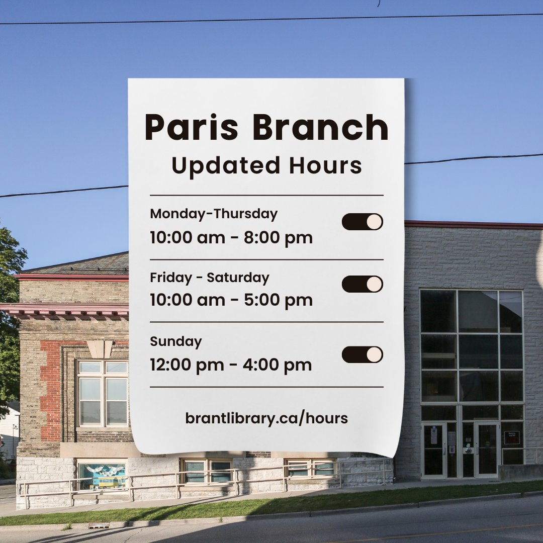 brantlibrary's tweet image. Goodbye, summer hours!

The #ParisBranch is open on Saturdays from 10:00 AM to 5:00 PM.

For the most up-to-date information on branch hours - including upcoming holidays - visit brantlibrary.ca/hours.

#BrantLibrary #UpdatedHours #BrantCounty