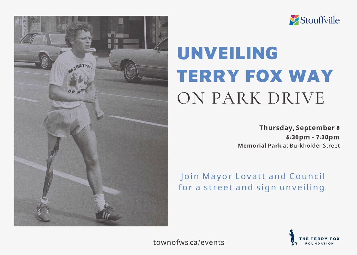 Join Mayor Lovatt and Council for the unveiling of Terry Fox Way on Park Drive. 
All are welcome TOMORROW, Thursday, September 8, from 6:30-7:30p.m. for the street and sign unveiling in Memorial Park at Burkholder Street. 
For details, visit townofws.ca/events