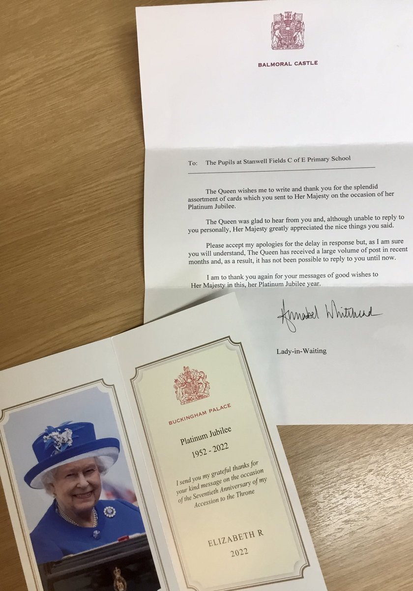 We sent the queen a special card for her Platinum Jubilee and we received a thank you letter. #literacy #writingforapurpose #bringinglearningtolife #ProudtoDeath @LDBS1836  @LDBSLAT