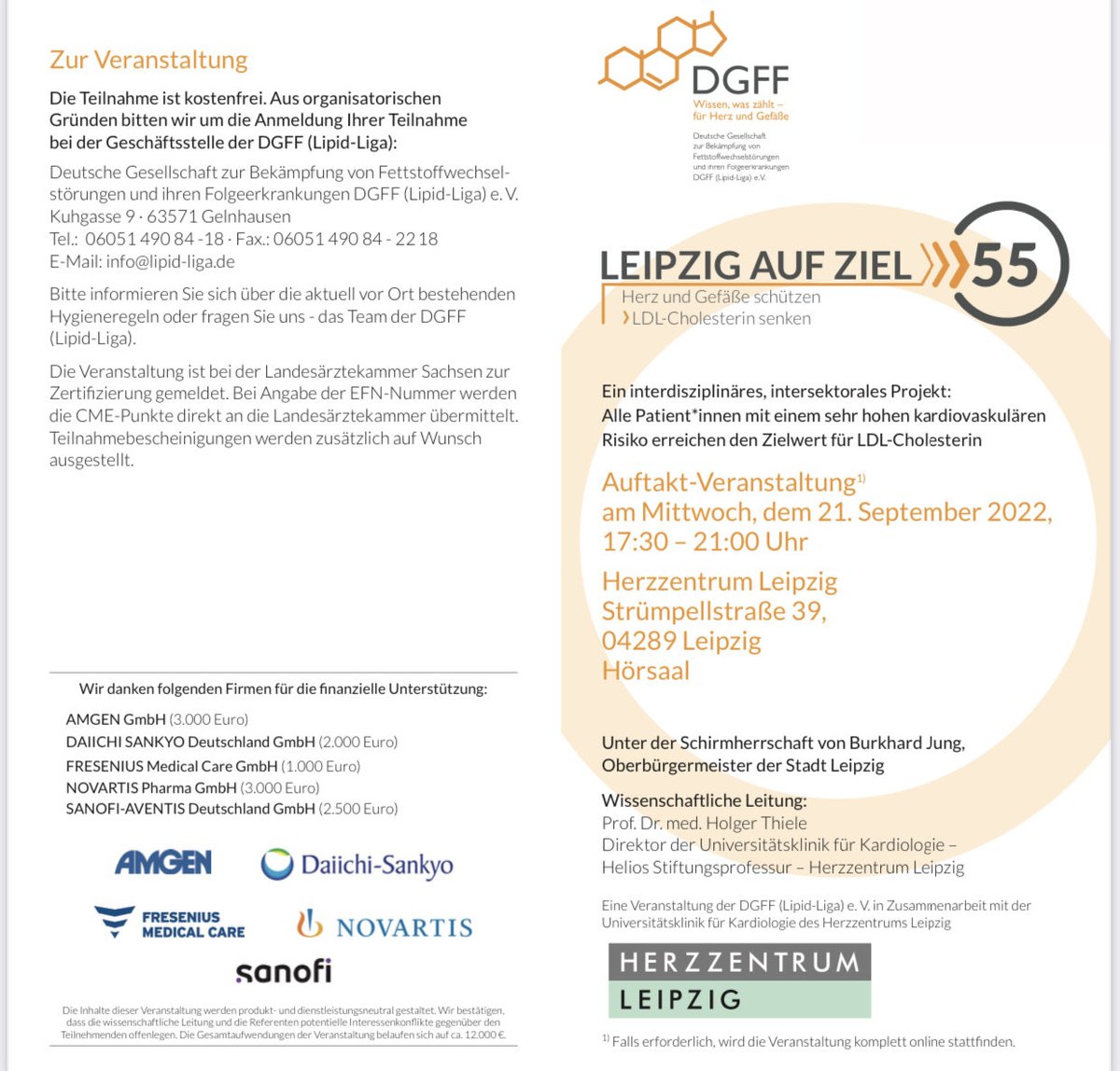thiele_holger's tweet photo. Leipzig auf Ziel am 21.09. im Herzzentrum Leipzig 17:30 h. LDL <1.4 mmol/l (<55 mg/dl) bei allen Hochrisikopatienten! #prevention ⁦@DGK_org⁩ ⁦@YoungDgk⁩ ⁦@LipidLiga⁩ ⁦@StadtLeipzig⁩ ⁦@UKL_Leipzig⁩ ⁦@AHagendorff⁩ https://t.co/eYsbO3wN8r