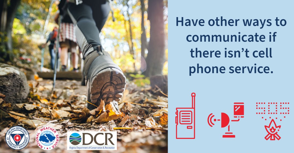 VDEM's tweet photo. If you're hiking in remote areas, make sure to bring a satellite phone. Also, let people know when to expect you back, so they can call for help if they donβt hear from you. π₯Ύ
#CampSafeVA #GetReadyVA #VaStateParks https://t.co/kbIoZcTBuN