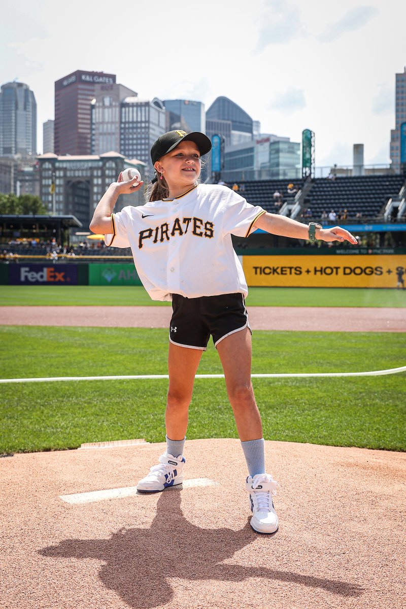 Go, Charlee! 🎉👏🏻 JWPMS fifth grader Charlee Cook threw out the first pitch at the <a href="/Pirates/">Pittsburgh Pirates</a> game on Aug. 24th in support of the <a href="/CF_Foundation/">Cystic Fibrosis Foundation</a> 💜 Way to go, Charlee! #gmsd #parkerpride #jwpms #generalmclane