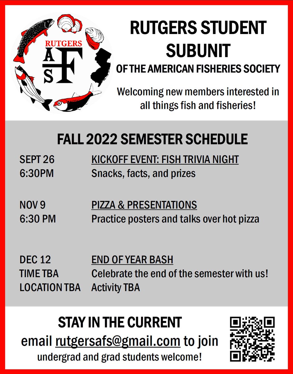 RutgersAFS's tweet photo. Are you an RU undergrad or grad student interested in fish and fisheries? Come hang out with us this semester🐟🦀Check out our events below ⬇️ or the flyer linked here: https://t.co/ybLxUtX3aS https://t.co/2K0mse2Zc2