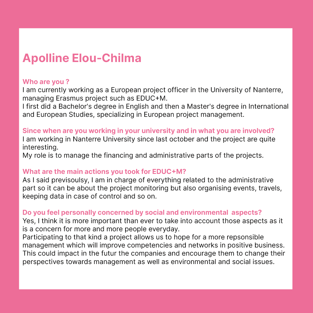 Discover the people behind EDUC+M project in our interview series!
Today, we are glad to present you Apolline Elou-Chilma 🌹