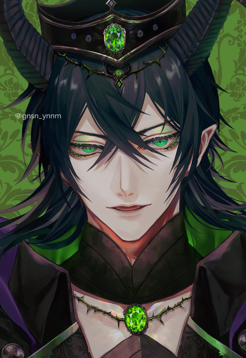 1boy male focus horns green eyes gloves hat pointy ears  illustration images