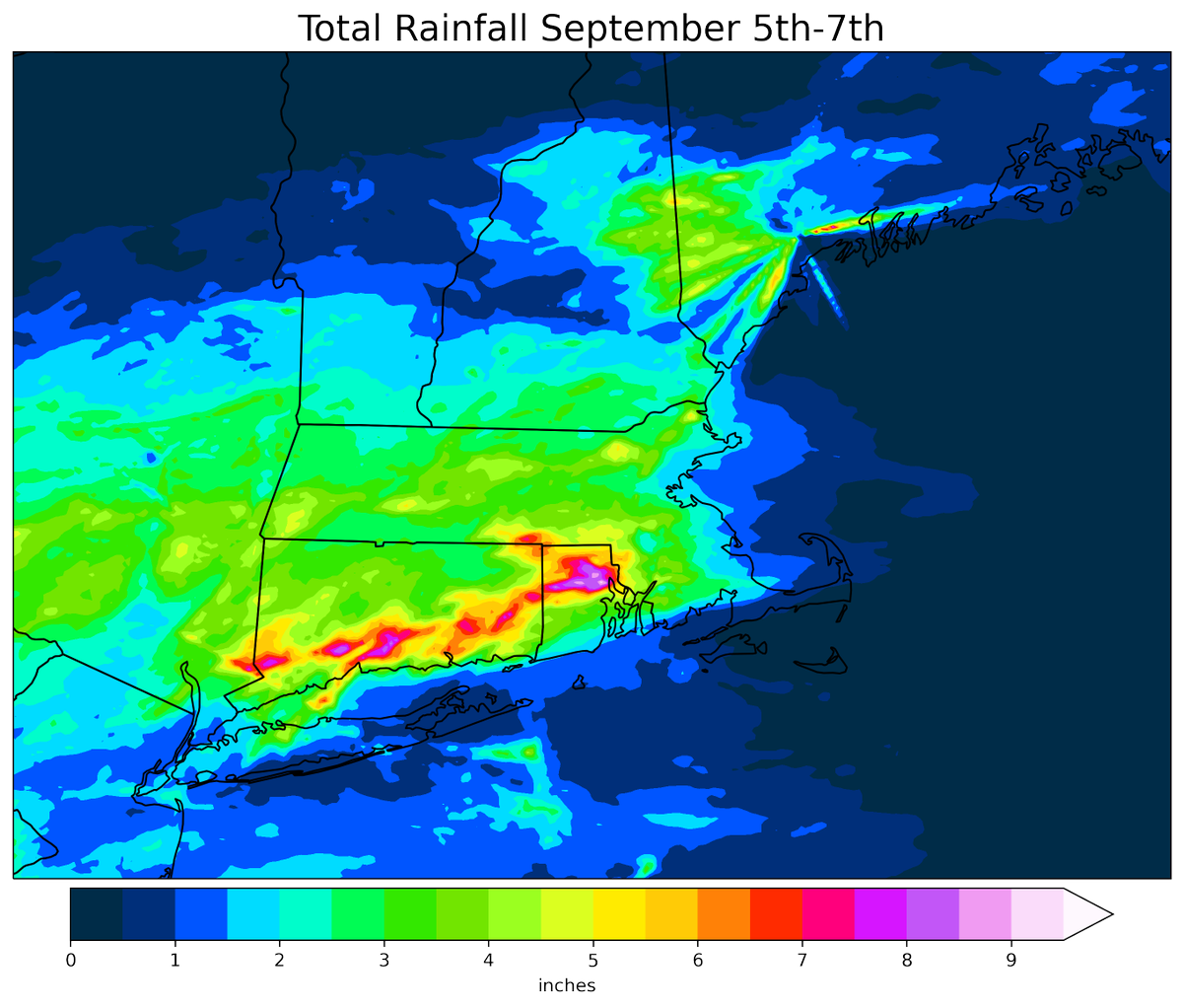 Daviology38's tweet photo. Impressive rainfall totals across #NewEngland the past couple days! Will put a small dent in the extreme drought that's been over the region #MAwx #RTMA #jupyter #python #matplotlib https://t.co/cOpBMT9eL4
