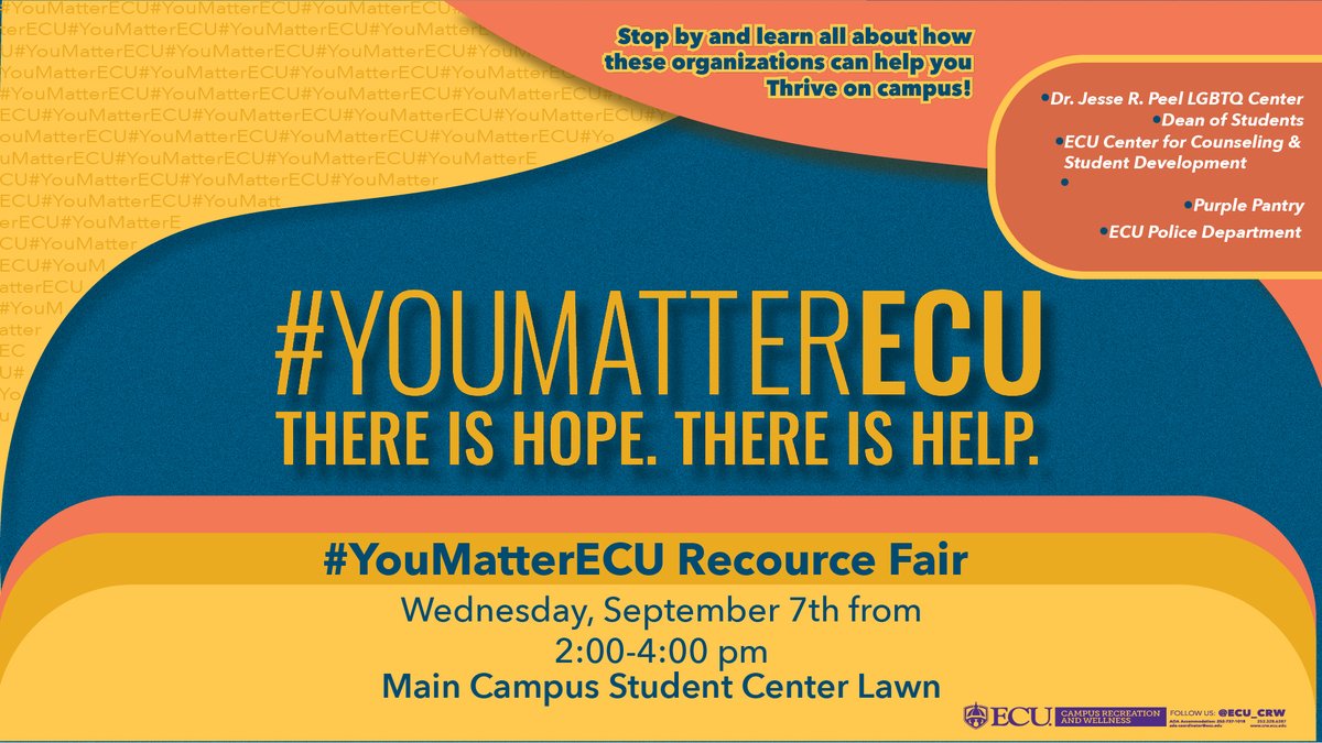 Stop by the Main Campus Student Center Lawn TODAY for the #YouMatterECU Resource Fair from 2:00-4:00 PM! Come out to learn all about the resources available on campus to support students' mental health. 🧠🧡
