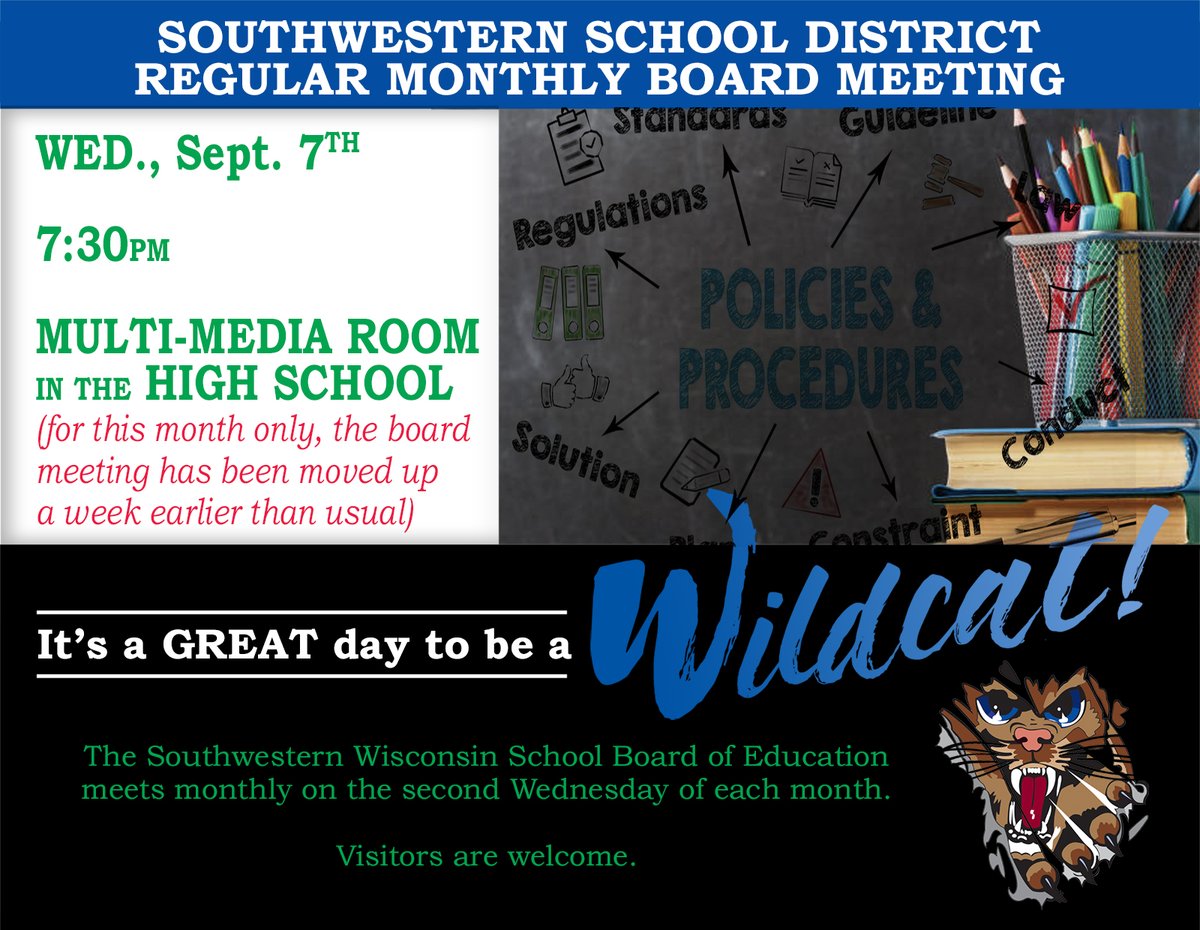 WildcatsSW's tweet photo. Notice: the School Board meeting will take place tonight.
Board meetings are typically the 2nd Wednesday of each month, but for September the meeting will take place on the 1st Wednesday. https://t.co/1l850GK88C