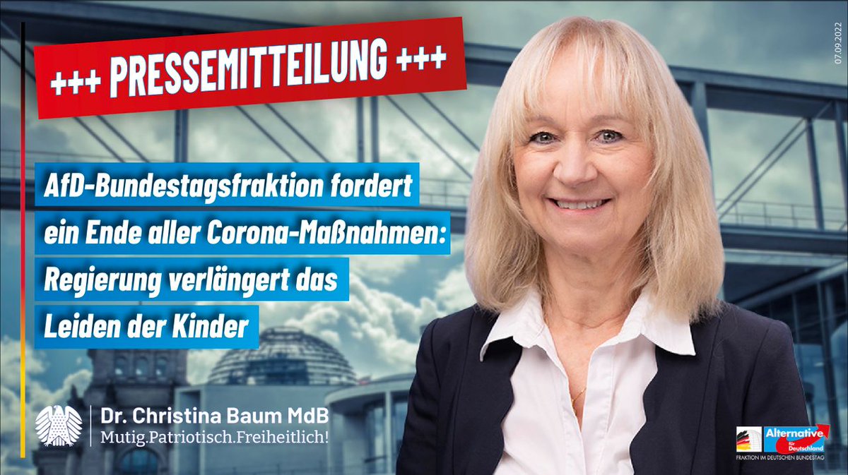 Die Regierung nimmt weitere #Gesundheitsschäden unserer #Kinder in Kauf. Nur die AfD-Bundestagsfraktion fordert ein Ende aller Corona-Maßnahmen. Wir werden den Gesetzentwurf geschlossen ablehnen.

FB facebook.com/Freunde-von-Dr… 
TG t.me/KlartextBaum/1…

HP christina-baum.berlin/pressemitteilu…