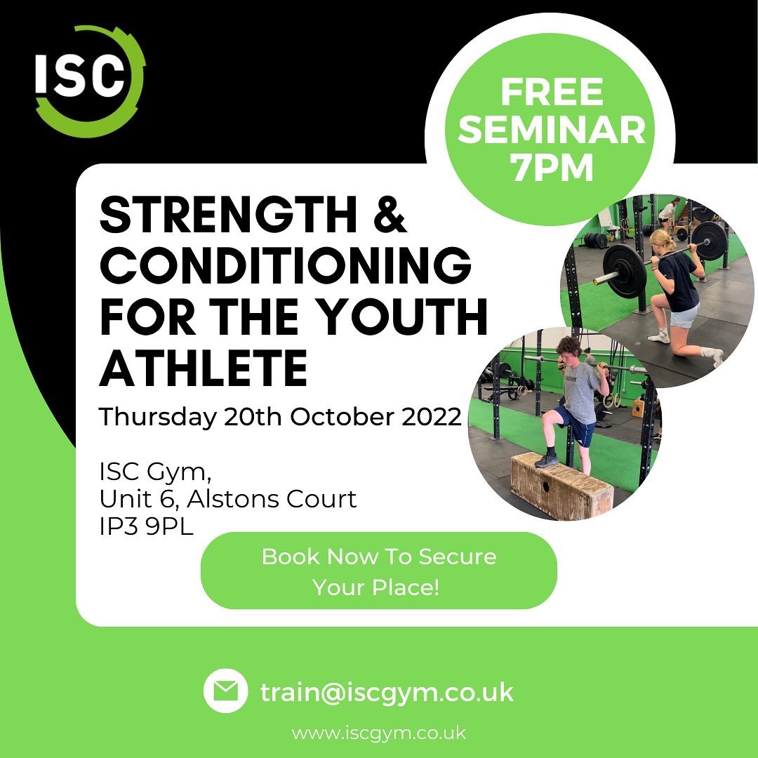 perform4sportuk's tweet photo. ISC Gym is hosting a seminar 

“Strength &amp; Conditioning for the Youth Athlete”

📅 Thursday 20th October 2022

📍 @isc_gym (Unit 6, IP3 9PL)

££ FREE

Players, parents &amp; coaches are all invited to learn how S&amp;C training can benefit youth sports ✅ 

#TeamISC https://t.co/GUlAxQOsBu