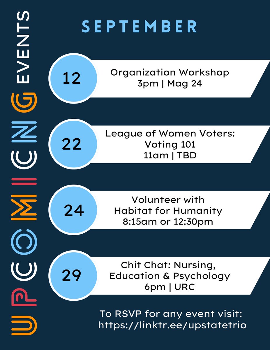 upstate_opnet's tweet photo. Upstate TRIO Peeps our September calendar has been released. Please mark your calendars and set those reminders accordingly. 

FYI:RSVPing for events just got easier! You can now sign up for events using the Linktree link in our bio. 

#TRIOWorks #UpstateTRIO #TRIOSSS #USCUpstate https://t.co/LYUKCAlkHQ