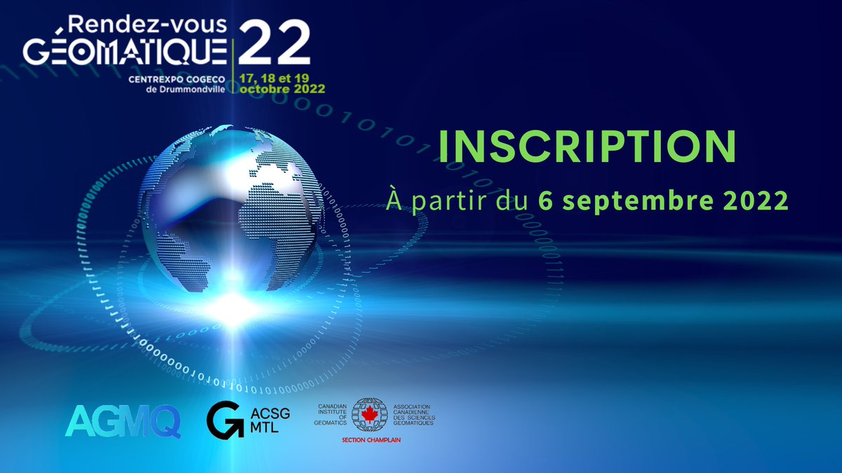 Les inscriptions à notre événement Rendez-vous Géomatique 2022 sont maintenant ouvertes | Jusqu’au 1er octobre 2022 ou jusqu’à épuisement des billets disponibles.
Faites vite, les quantités sont limitées ! 
#colloque #géomatique #municipal #inscription
agmq.qc.ca/rendezvousgeom…