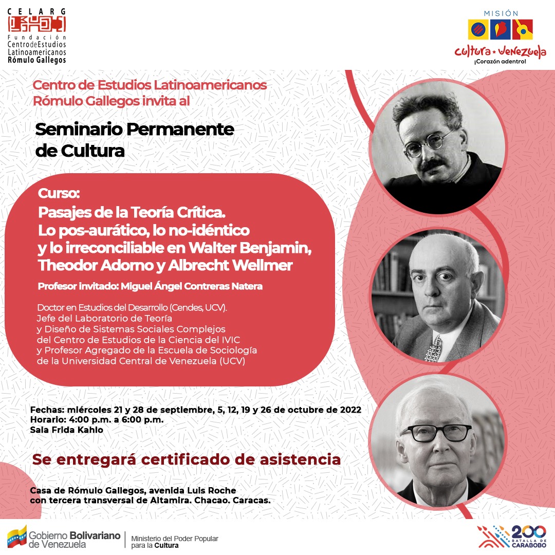 Están abiertas inscripciones para tres seminarios presenciales
Se iniciarán el martes 20 y miércoles 21 de septiembre
Sala Frida Kahlo 
Casa de Rómulo Gallegos
Gratuito, previa inscripción
Una sesión semanal hasta fines de octubre de 2022.
Se otorgará certificado de participación