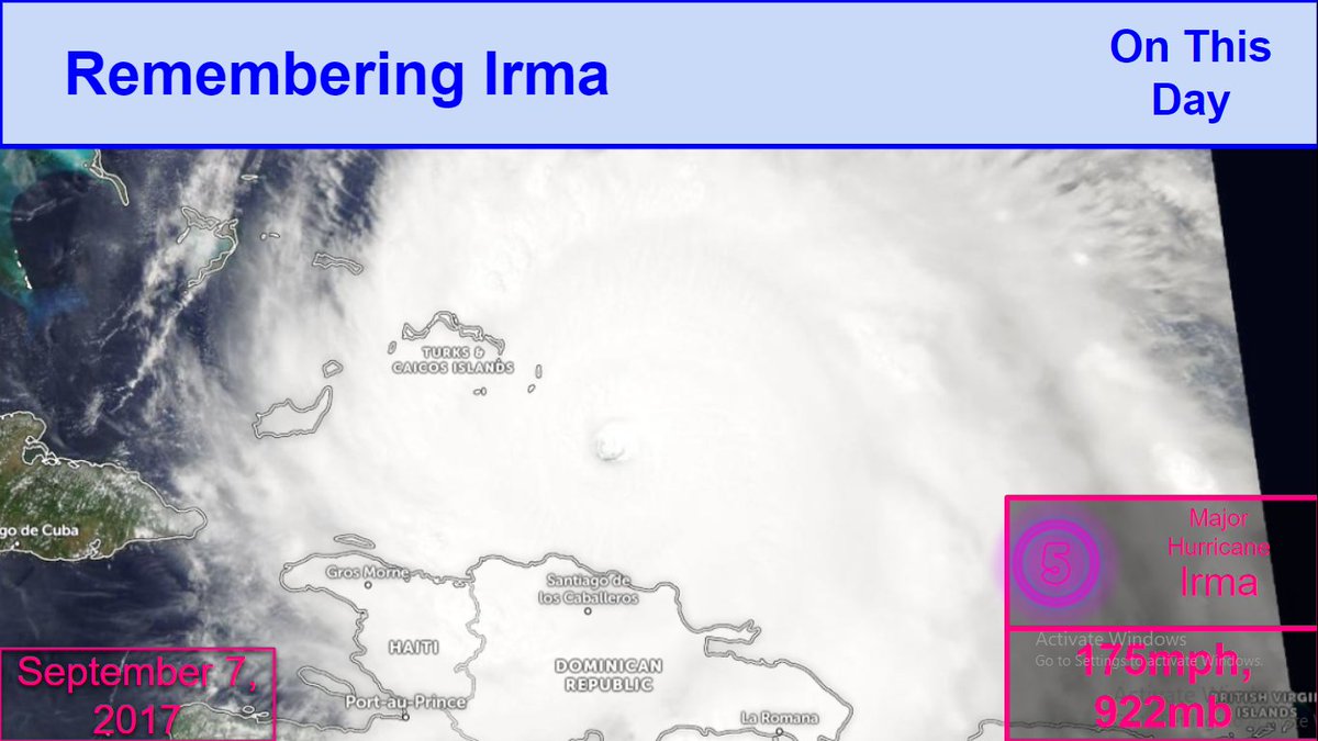 CycloneOTD's tweet photo. Remembering Irma

On this day, 5 years ago, #HurricaneIrma was still a powerful Category 5 with winds of 175mph and a minimum central pressure of 922mb. Currently, Hurricane Warnings were extended into the #Bahamas, with Hurricane Watches now issued for #Florida.

#Irma5 https://t.co/hmSUtgUO7i