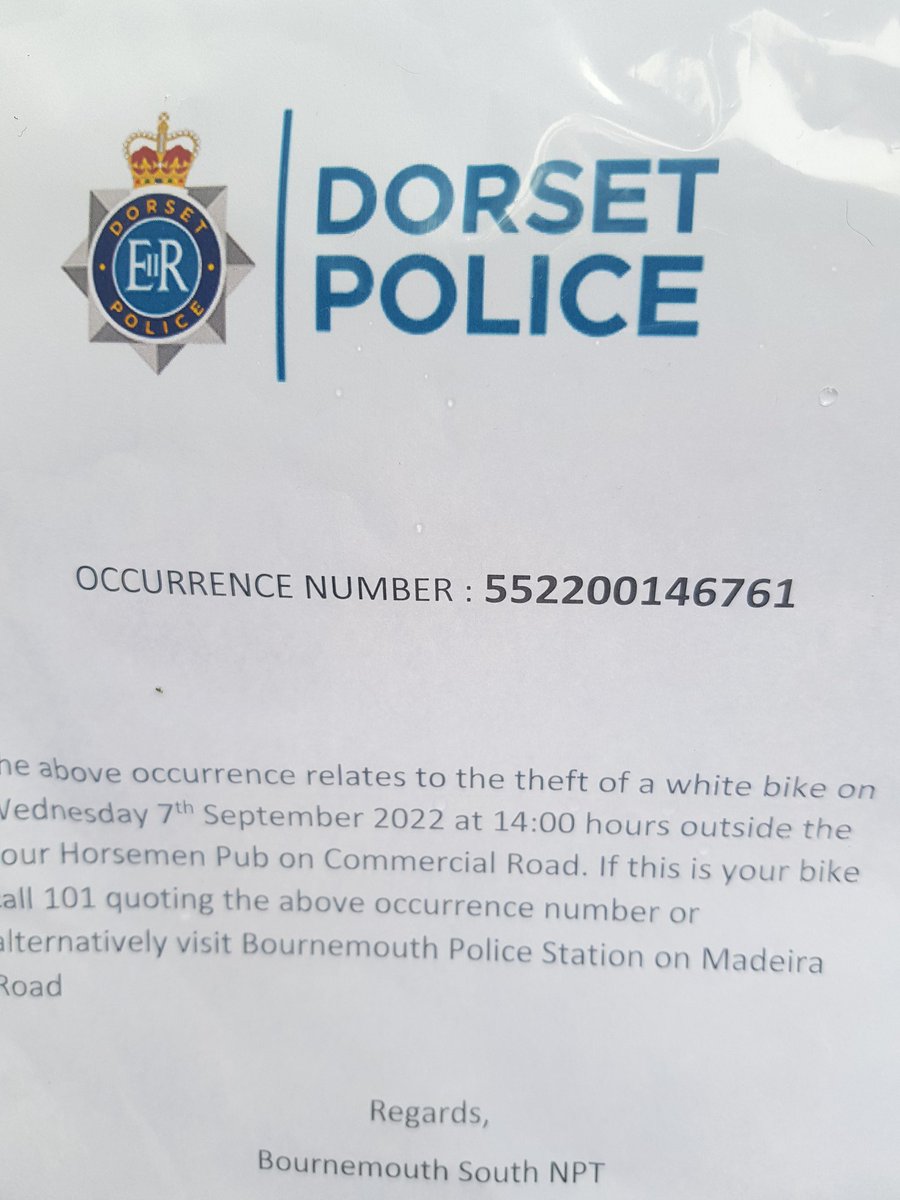 NPT officer have recovered a stolen bike in Bournemouth Town Center today. If it's your please contact Dorset police quoating the below Reference Number .