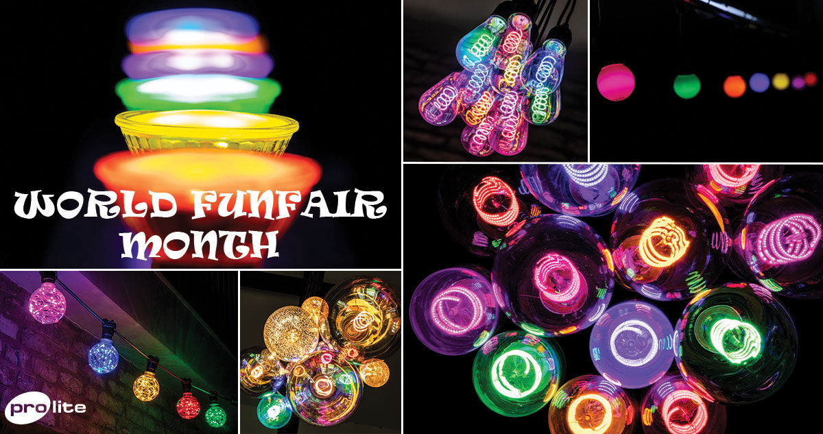 Celebrate World Funfair Month this September with the Coloured LED range from Prolite Lamps! Check out the full range here bit.ly/3APsFzb #prolitelamps #colouredlighting #funkyfilaments #ledlighting #worldfunfairmonth
