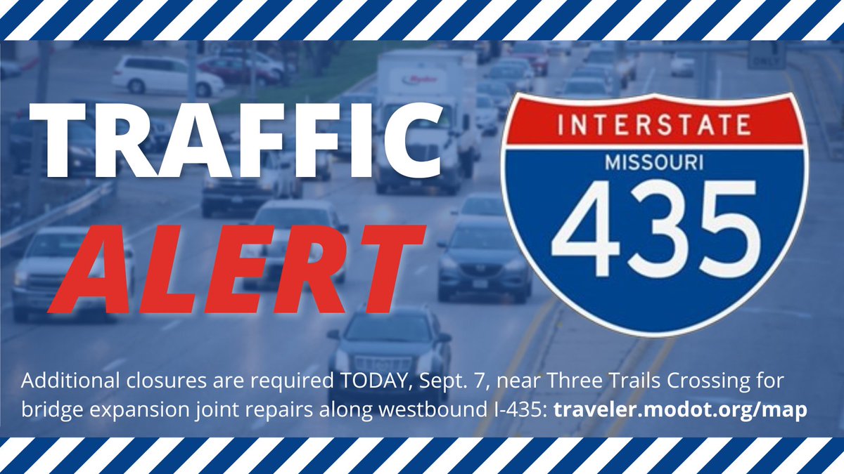 NEW INFO: Additional CLOSURES are required near Three Trails Crossing/the Grandview Triangle for bridge expansion joint repairs on westbound I-435. This work is happening now until approximately 5 p.m. Full details can be found here: modot.org/node/26931
