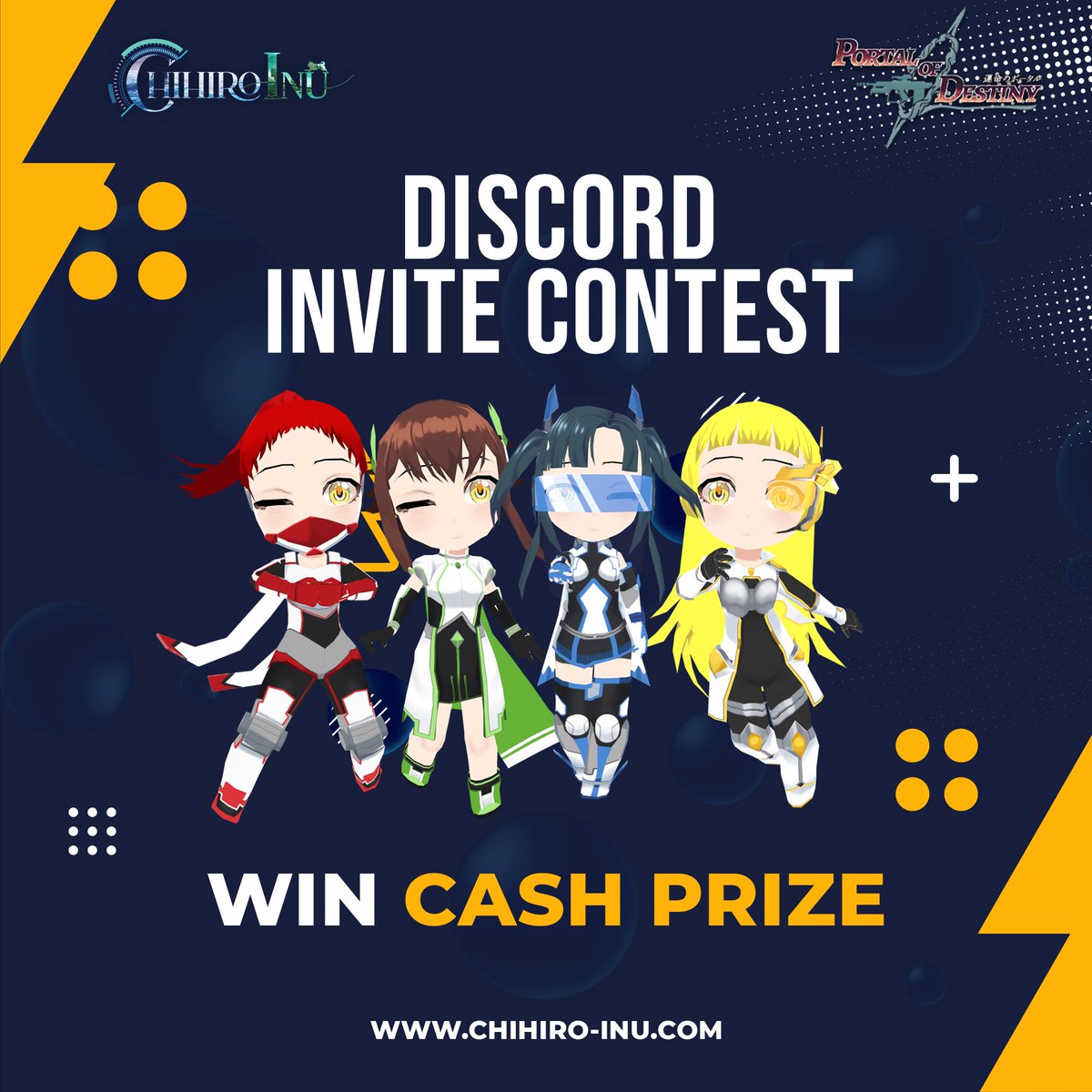 INVITE AND WIN CASH PRIZE 🥳

Join Our Discord &amp; Start Inviting Your Friends. (No Bots or cheating)

100$ ÷ 4 Winners.
Min Invites = 20.

To Participate : 👇

1- Follow <a href="/portalofdestiny/">Portal of Destiny | Mint : 21st Sep</a> &amp; <a href="/ChihiroInuETH/">ChihiroInuETH</a>

2- Join Discord (Link in Bio)

3- Start Inviting your friends.

Let's Go 🔥