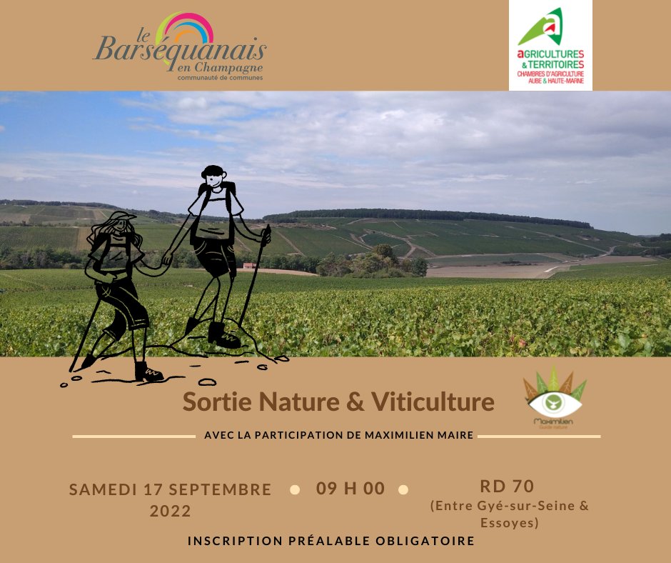 [#inTERREactions] #viticulteurs RDV 17 sept, 9h
Redécouvrir le vignoble sous un autre angle : circuit 3,5 km/captage de Servigny, entre Courteron et Essoyes (10360)
Présence de spécialistes eau, biodiversité, culture de la vigne
ℹ️ bit.ly/3qiuSyh / M Freby 06 80 32 93 65