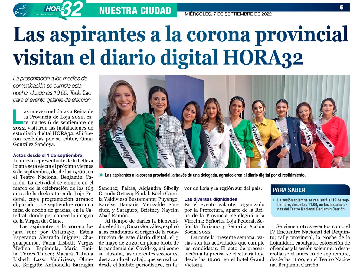 prefecturaloja's tweet photo. #GPLenMedios | Las aspirantes a la corona provincial visitan el diario digital #Hora32
🗞 @HORA32LOJA
🗓 07 de septiembre de 2021
📌 #Loja
#CaminoAlProgreso✔ https://t.co/RtVTgs3TAn