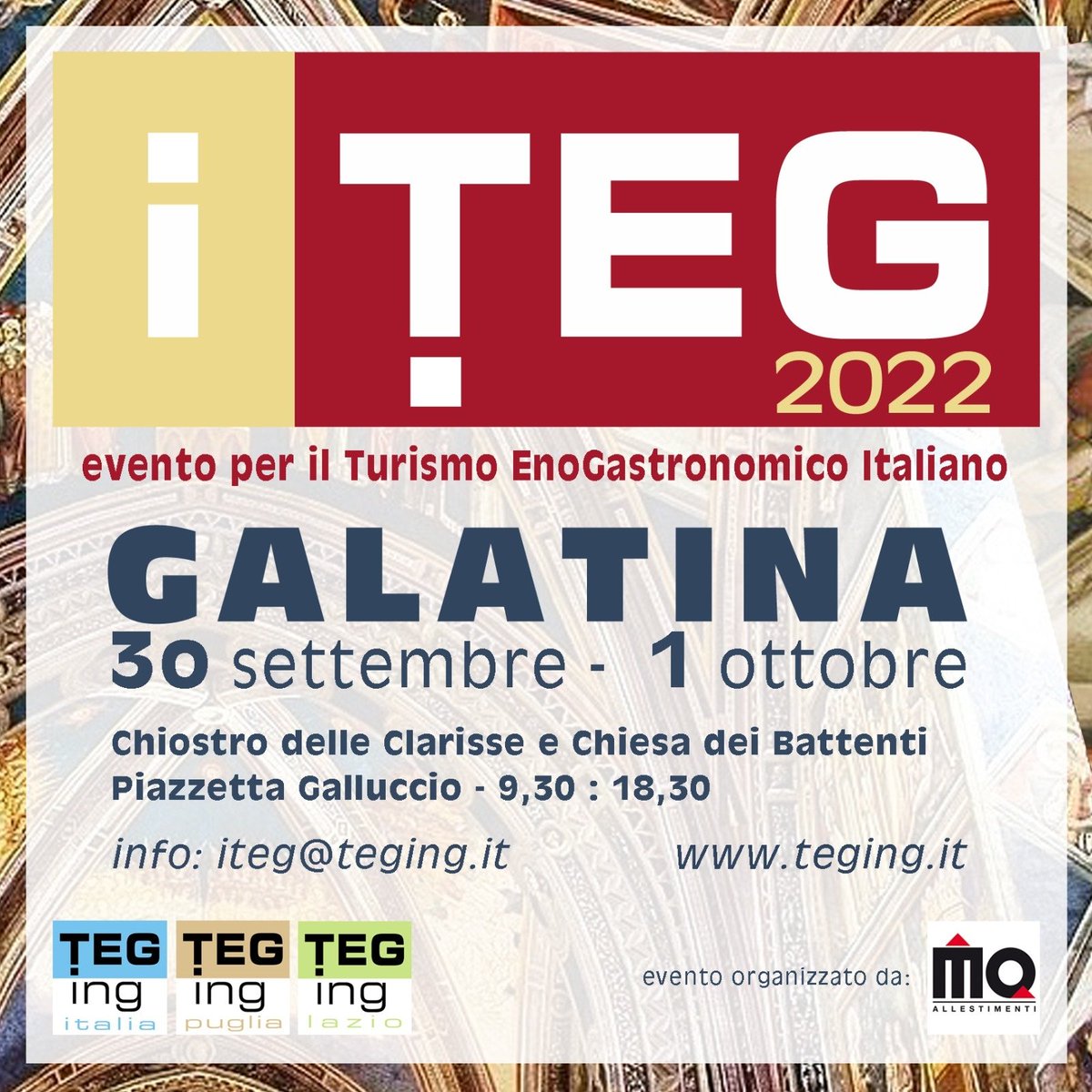 Galatina (Le) 30/9 e 1/10 vi aspettiamo per #iTEG 2022!
L'evento dedicato al Turismo Enogastronomico Italiano, gratuito basta registrarsi su eventbrite.it/e/394215337687
#iTEG #teging #tegingpuglia #retiteging