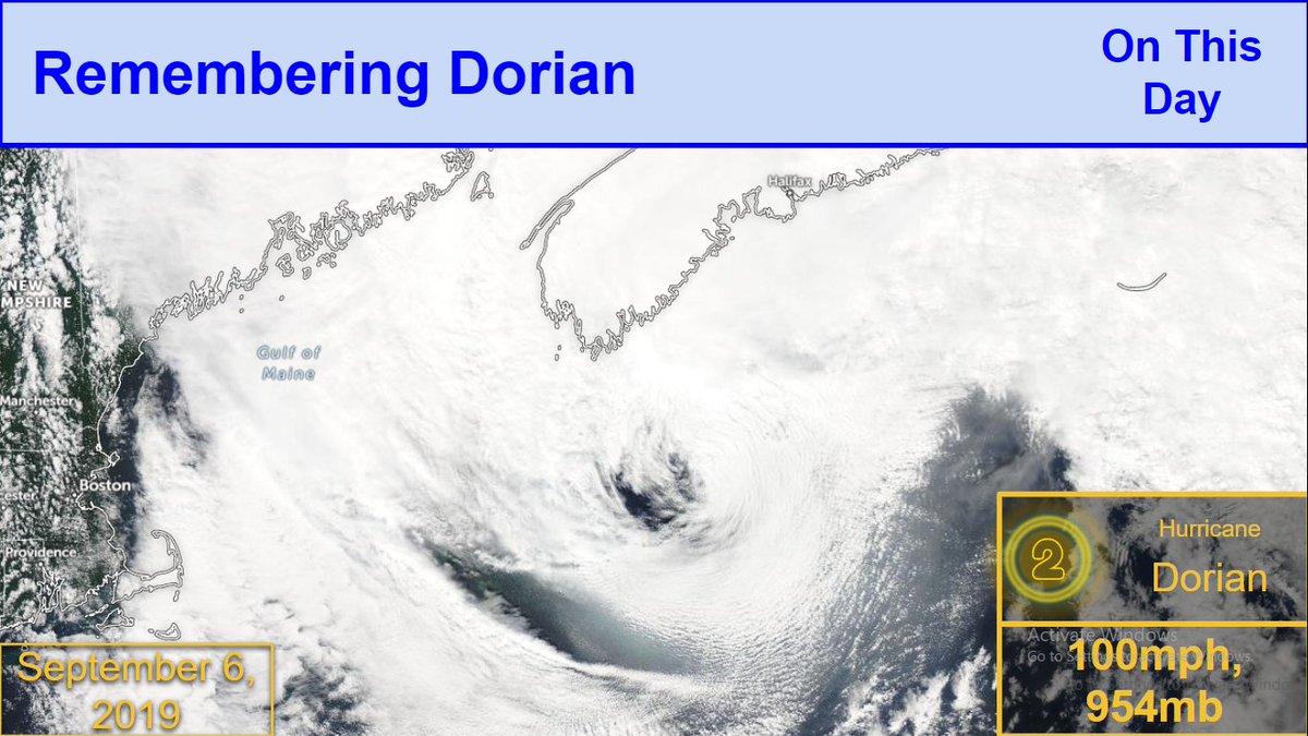 CycloneOTD's tweet photo. Remembering Dorian

On this day, 3 years ago, #HurricaneDorian had strengthened before turning extratropical and was a Category 2 hurricane with winds of 100mph and a minimum central pressure of 954mb.

#dorian3 https://t.co/KgPbJbGIFq