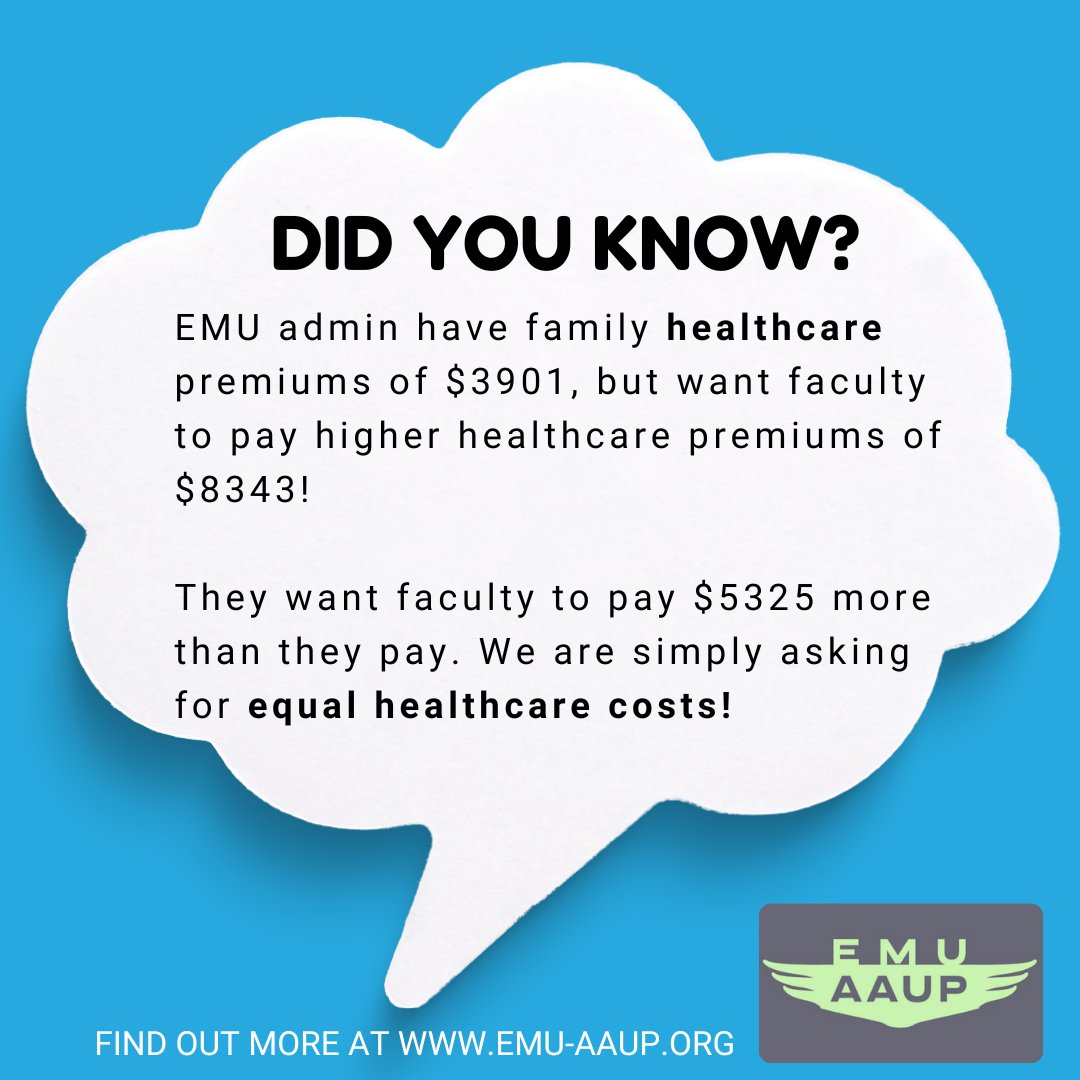 EMUAAUP's tweet photo. Faculty are fighting for health benefits for our families. Administration is using our health benefits as a way to "fix" their poor financial choices, while giving themselves a better health plan and consistent raises. #Shameful

#FairContractNow #TruEMU #unionstrong https://t.co/SYKqDHyOx8
