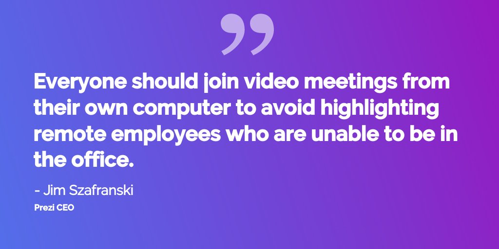 prezi's tweet image. Beware of proximity bias 👻

To combat this, Prezi CEO @jszafranski says you can level the playing field with the way you structure meetings.

Read more here: prez.is/gyrqy1v/

#prezivideo #proximitybias #flexiblework #hybridwork #virtualmeetings #hybridmeetings #prezi