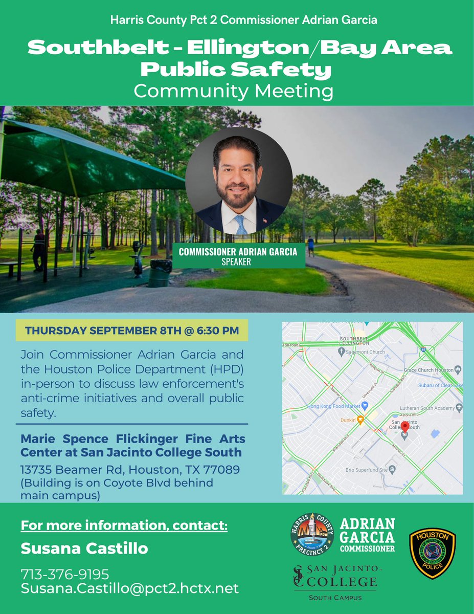 Harris County Precinct 2 (@harriscopct2) on Twitter photo Calling all Bay Area and SouthBelt residents!📢Join us tomorrow evening for our next public safety meeting with Precinct 2 and the Houston Police Department. Learn about the law enforcement efforts and community programs in your area. We want to hear your concerns and questions! Calling all Bay Area and SouthBelt residents!📢Join us tomorrow evening for our next public safety meeting with Precinct 2 and the Houston Police Department. Learn about the law enforcement efforts and community programs in your area. We want to hear your concerns and questions!