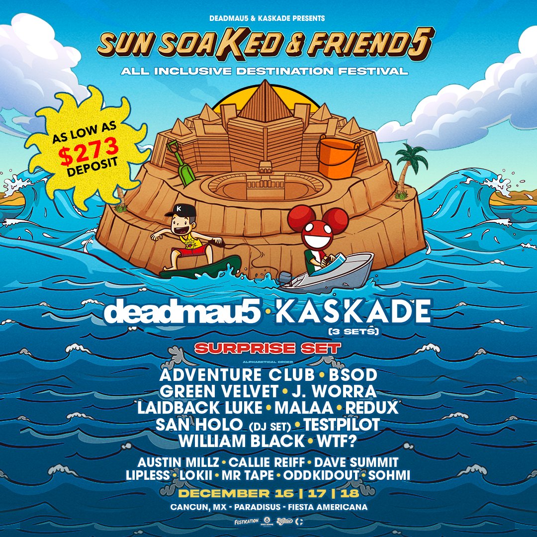 kaskade's tweet photo. Coming in HOT! @Deadmau5 helping me take over Cancun @Sunsoaked &amp; Friend5 :D 

December 16, 17, &amp; 18, 2022! 
All-inclusive packages @ Paradisus:
https://t.co/sAOqcNt7Lf

Sign-up for presale + enter for a chance to win a king room at https://t.co/gJY7b8YVw6
NOW
#SunsoakedFriend5 https://t.co/Hc6wVi84aK